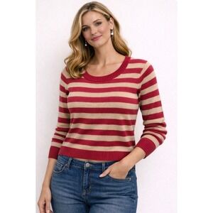Banana Republic raspberry/tan Striped Scoop Neck Sweater Elbow Patches Petite XS